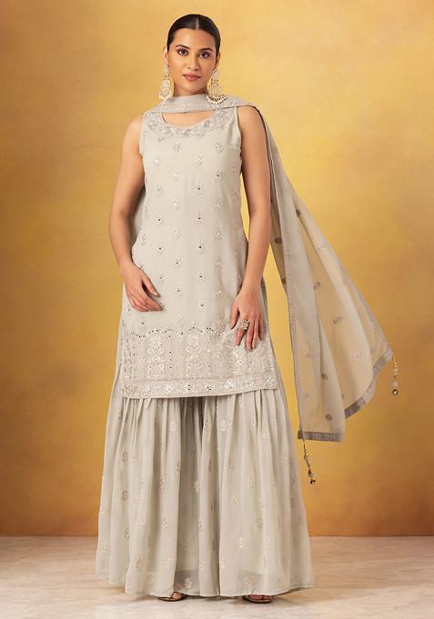 Sage Green Embroidered Sharara Set With Floral Mirror Embroidered Kurta And Dupatta