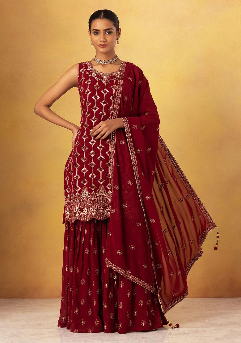 Buy Women Maroon Embroidered Sharara Set With Floral Embroidered Kurta ...