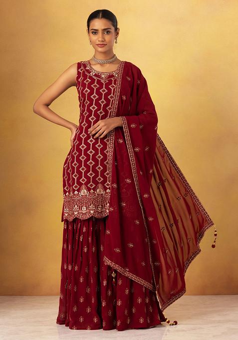 Maroon Embroidered Sharara Set With Floral Embroidered Kurta And Dupatta