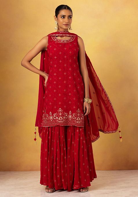 Berry Pink Embroidered Sharara Set With Floral Embroidered Kurta And Dupatta