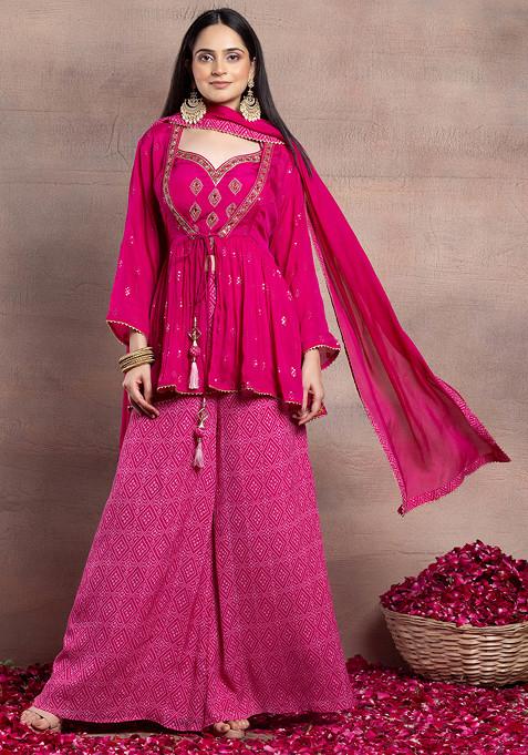 Pink Printed Sharara Set With Embroidered Blouse And Jacket