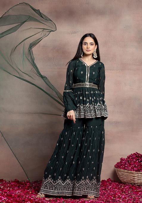 Deep Green Sequin Embroidered Sharara Set With Embroidered Short Kurta