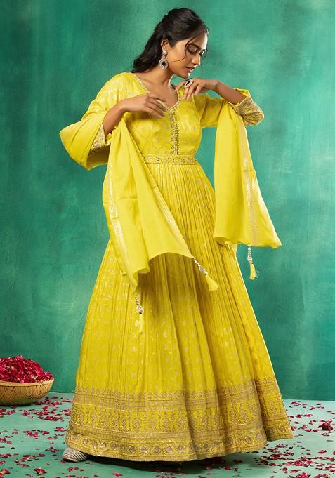 Yellow Foil Print Embroidered Anarkali Gown With Dupatta And Belt