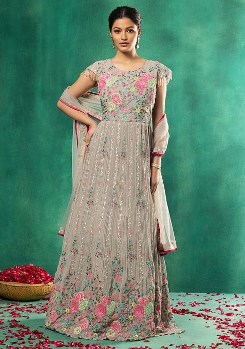 Grey Floral Embellished Anarkali Gown With Mesh Dupatta