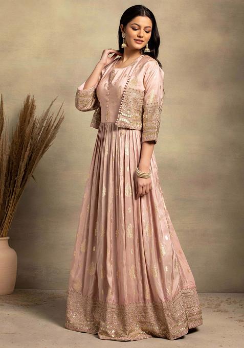 Peach Embellished Brocade Anarkali Gown With Jacket