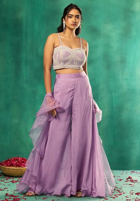 Lilac Organza Sharara Set With Pearl Embellished Blouse And Mesh Dupatta