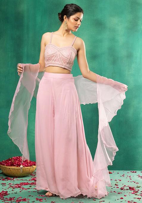 Pink Organza Sharara Set With Pearl Embellished Blouse And Mesh Dupatta