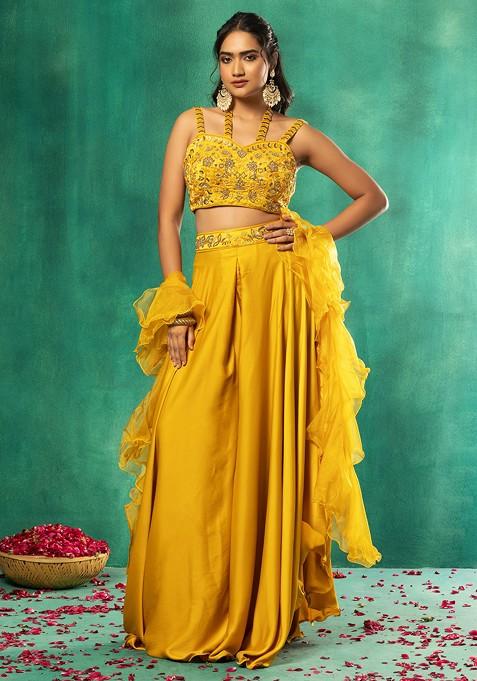 Yellow Satin Sharara Set With Sequin Embellished Blouse And Organza Dupatta