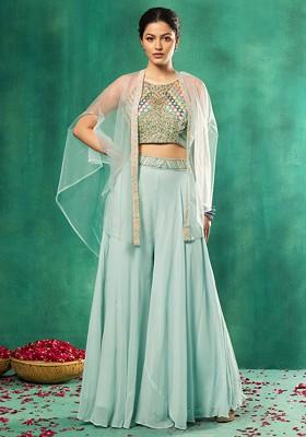 Powder Blue Sharara Set With Hand Embellished Halter Blouse And Mesh Dupatta