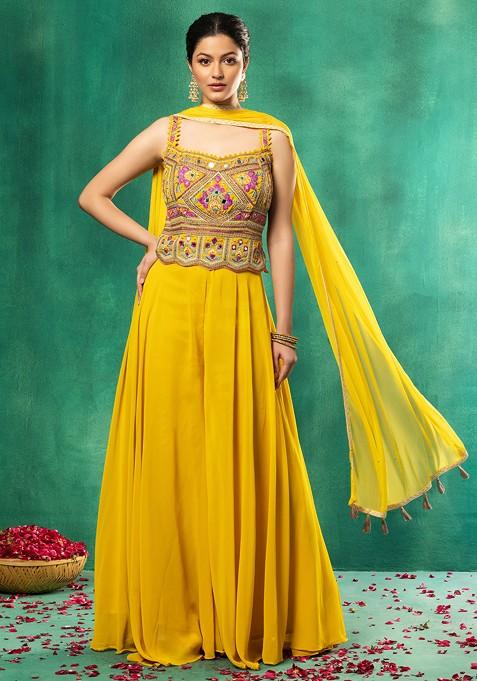 Yellow Sharara Set With Floral Mirror Embroidered Blouse And Dupatta