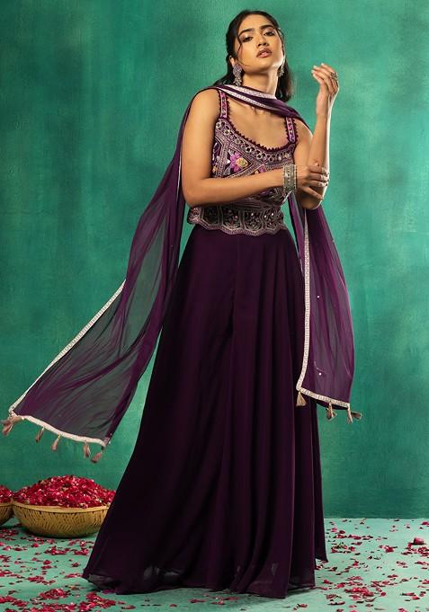 Purple Sharara Set With Floral Mirror Embroidered Blouse And Dupatta