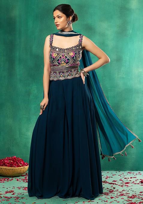 Blue Sharara Set With Floral Mirror Embroidered Blouse And Dupatta