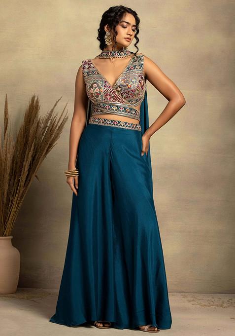 Blue Sharara Set With Floral Zari Embroidered Blouse And Dupatta