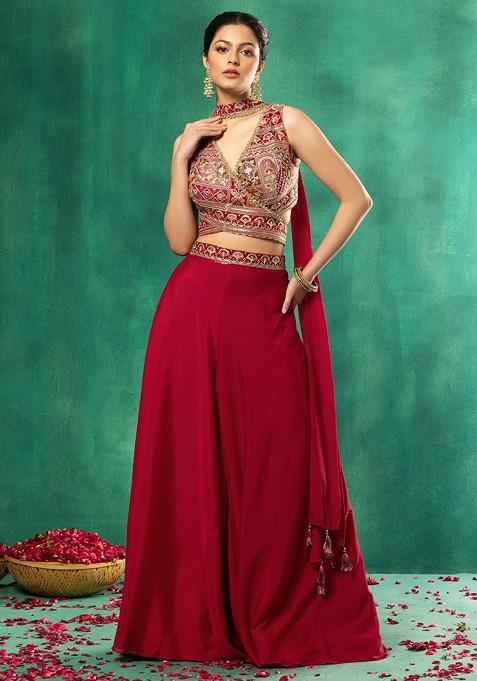 Red Sharara Set With Floral Zari Embroidered Blouse And Dupatta