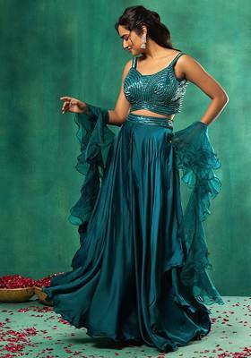 Green Sharara Set With Sequin Embellished Blouse And Ruffled Mesh Dupatta