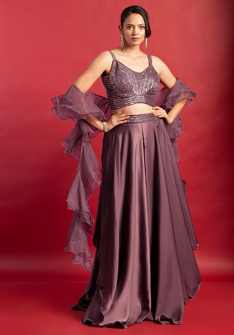 Mauve Sharara Set With Sequin Embellished Blouse And Ruffled Mesh Dupatta