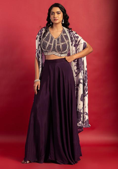 Purple Sharara Set With Embellished Blouse And Floral Print Jacket