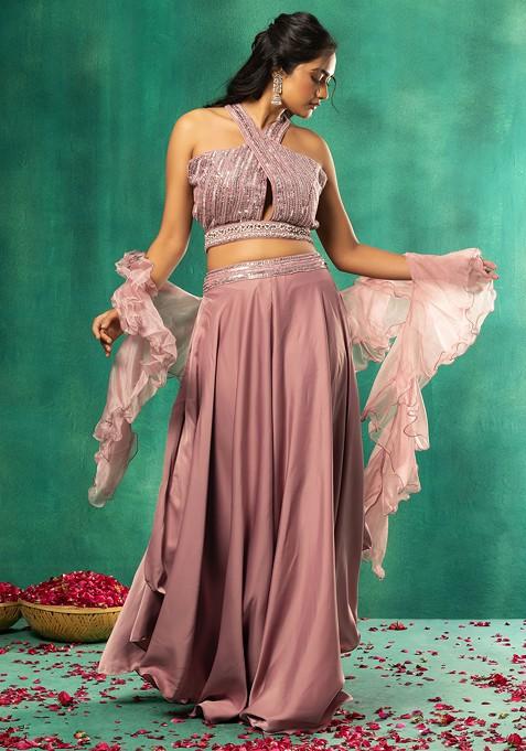 Dull Pink Sharara Set With Sequin Halter Blouse And Mesh Dupatta