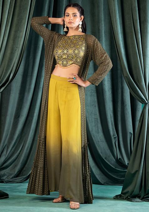 Olive Ombre Sharara Set With Geometric Zari Embroidered Blouse And Jacket