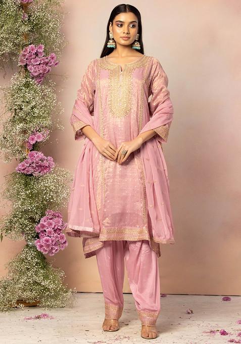 Dull Pink Zari Embroidered Brocade Kurta Set With Salwar And Dupatta