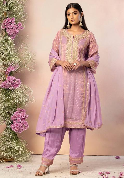 Lavender Zari Embroidered Brocade Kurta Set With Salwar And Dupatta