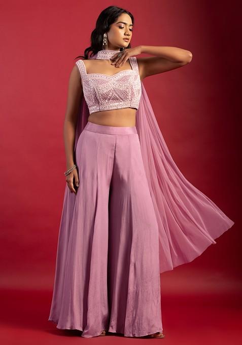 Lilac Sharara Set With Pearl Embellished Blouse And Choker Dupatta