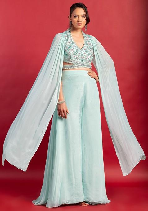 Powder Blue Sharara Set With Sequin Pearl Embellished Blouse