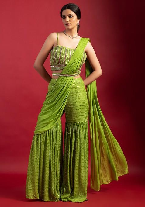 Green Sequin Sharara And Embellished Blouse Set With Attached Dupatta And Belt