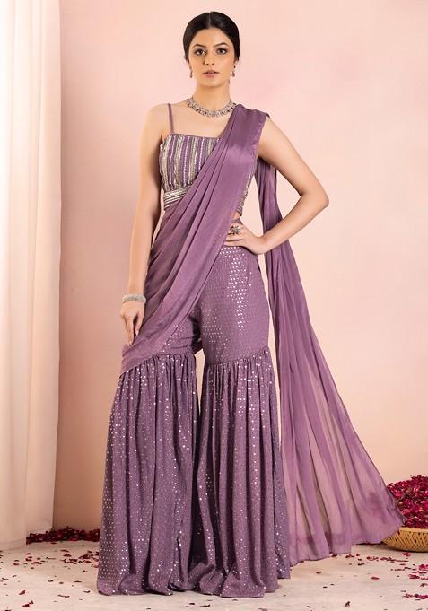 Mauve Sequin Sharara And Embellished Blouse Set With Attached Dupatta And Belt