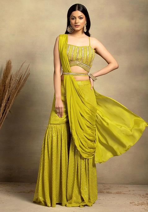 Lime Yellow Sequin Sharara And Embellished Blouse Set With Attached Dupatta And Belt