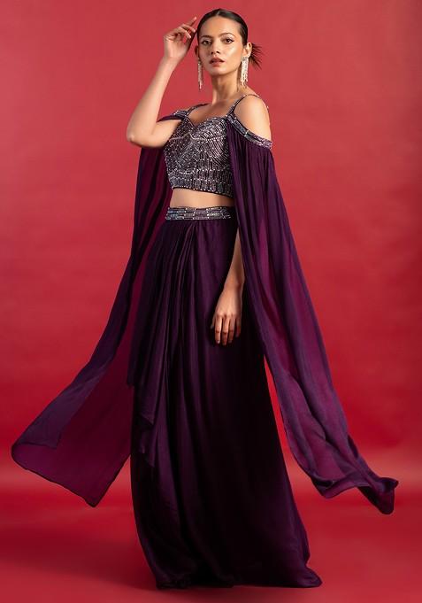 Purple Draped Lehenga Set With Sequin Embellished Blouse