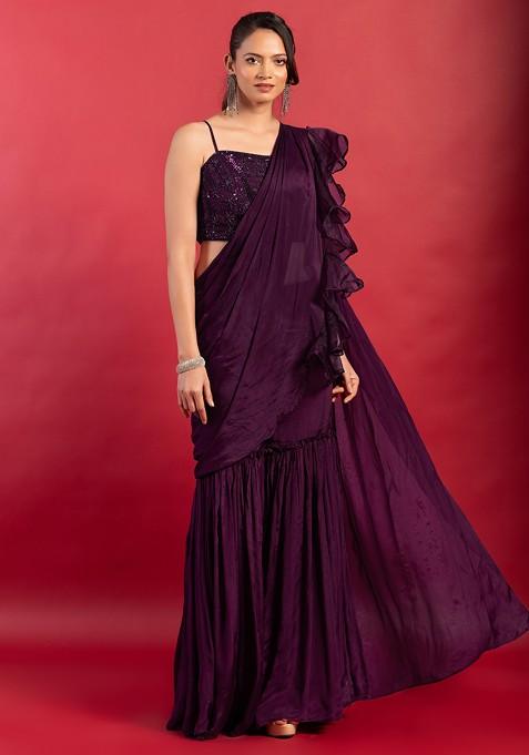 Purple Draped Sharara Set With Floral Embellished Blouse And Belt
