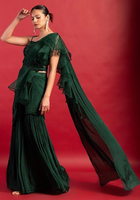 Dark Green Draped Sharara Set With Floral Embellished Blouse And Belt