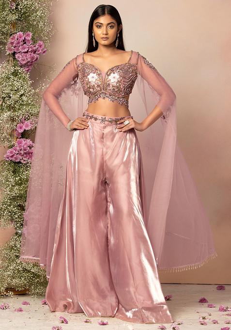 Dull Pink Organza Sharara Set With Sequin Embellished Cape Sleeve Blouse