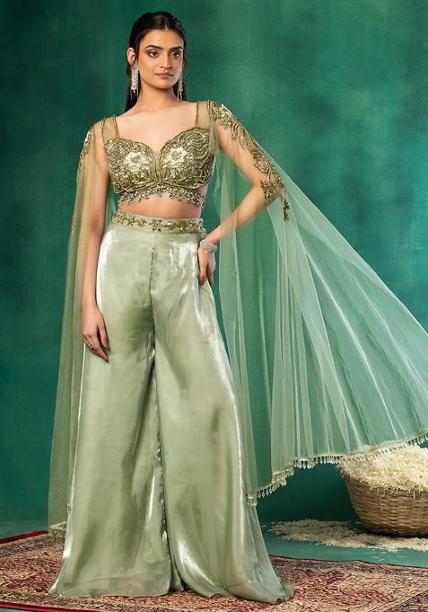 Pastel Green Organza Sharara Set With Sequin Embellished Cape Sleeve Blouse