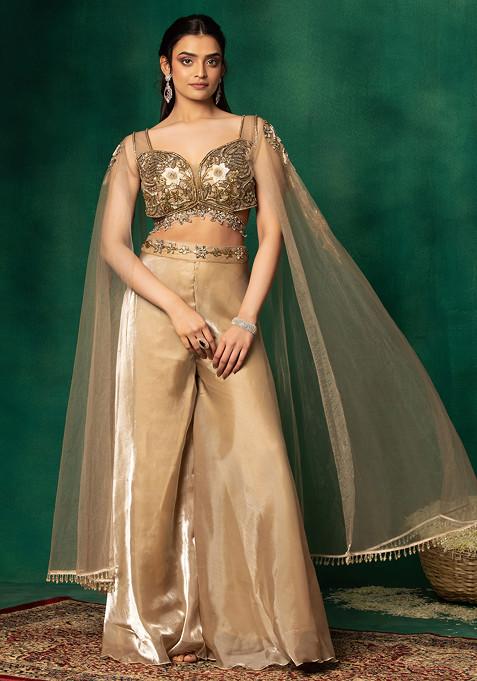 Beige Organza Sharara Set With Sequin Embellished Cape Sleeve Blouse
