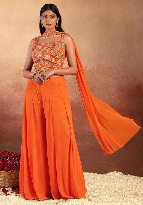 Orange Palazzo Set With Abstract Print Embroidered Blouse And Choker Dupatta