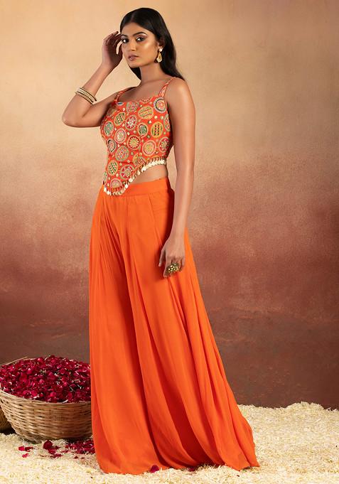 Chinnon Silk Top Palazzo Dupatta Set Embroidered Yellow Orange Ensemble - Buy
