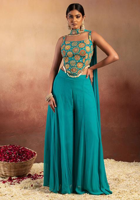 Blue Palazzo Set With Abstract Print Embroidered Blouse And Choker Dupatta
