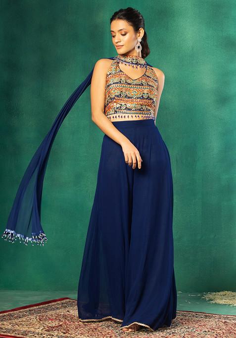 Navy Blue Palazzo Set With Abstract Print Embroidered Blouse And Choker Dupatta