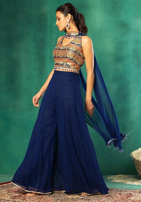 MAROON EMBROIDERED BLOUSE AND PANTS WITH CHOKER DUPATTA main image 0