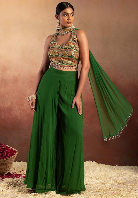 Olive Green Palazzo Set With Abstract Print Embroidered Blouse And Choker Dupatta