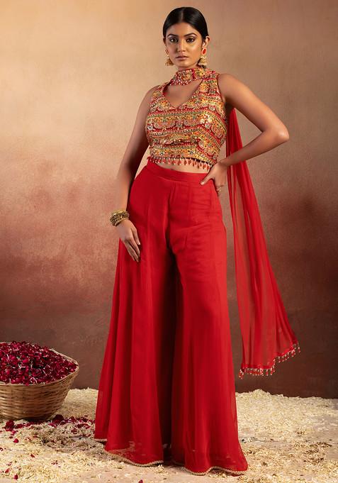 Red Palazzo Set With Abstract Print Embroidered Blouse And Choker Dupatta