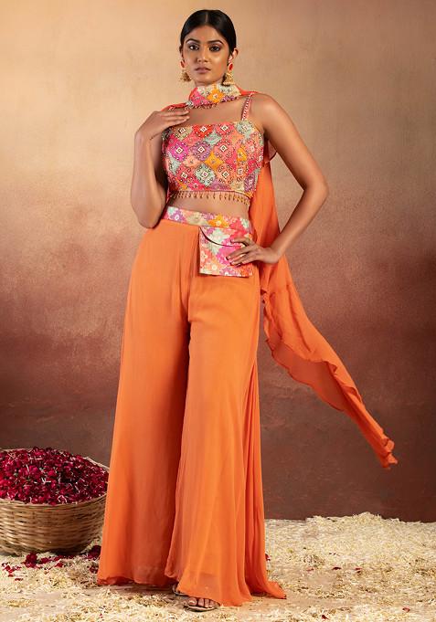 Orange Sharara Set With Multicolour Abstract Print Jacquard Blouse And Choker Dupatta