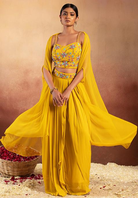 Mustard Jacket Set With Floral Embellished Blouse And Draped Skirt