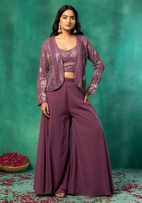 Purple Palazzo Set With Sequin Embroidered Blouse And Short Jacket