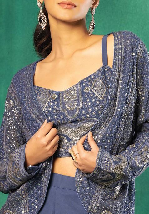 Crop-Top Palazzo Set with Resham & Zari Embroidered Long Jacket