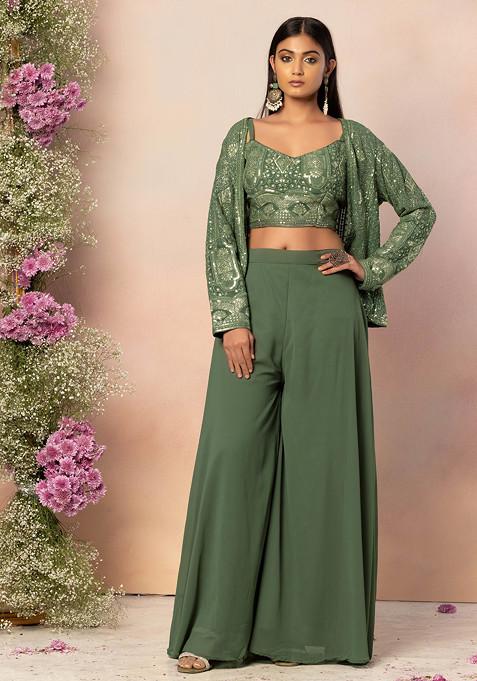 Green Palazzo Set With Sequin Embroidered Blouse And Short Jacket