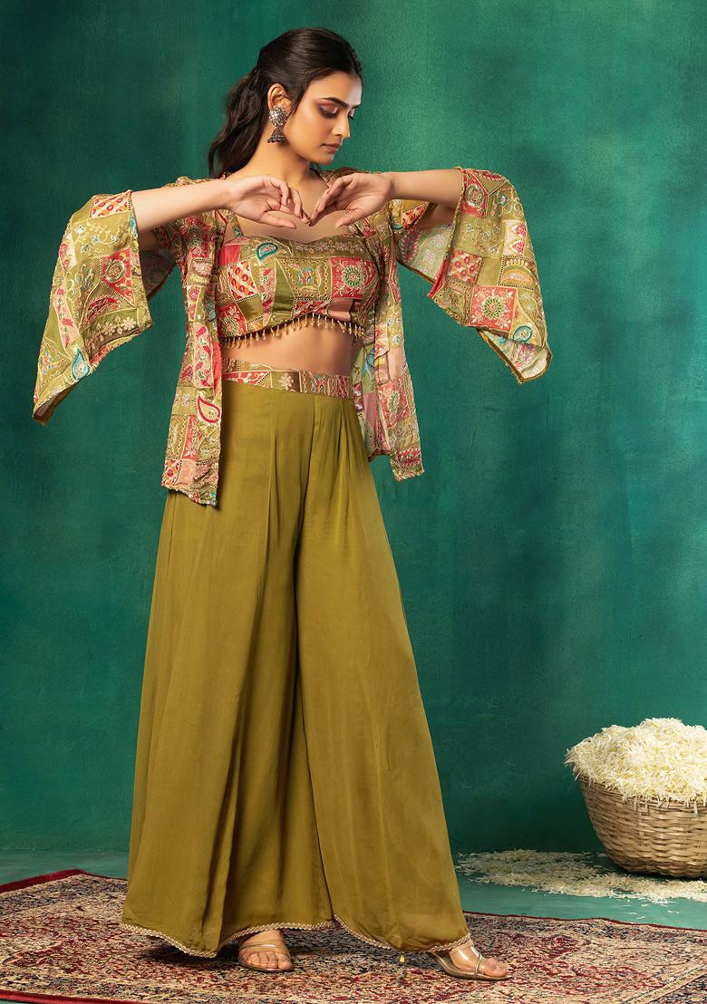 Crop Top Plazo And Short Jacket Rust Georgette Pencil Stripes