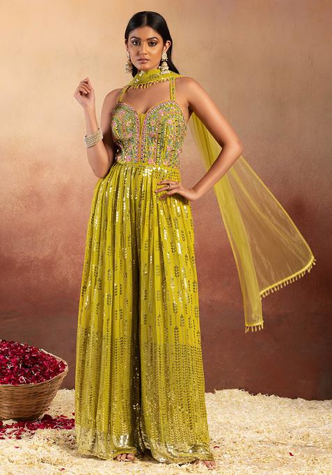 Yellow Sequin And Mirror Embroidered Jumpsuit